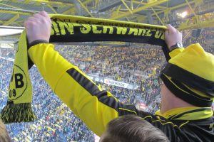 Borussia-Dortmund-Fan mit Schal und Stadionkulisse